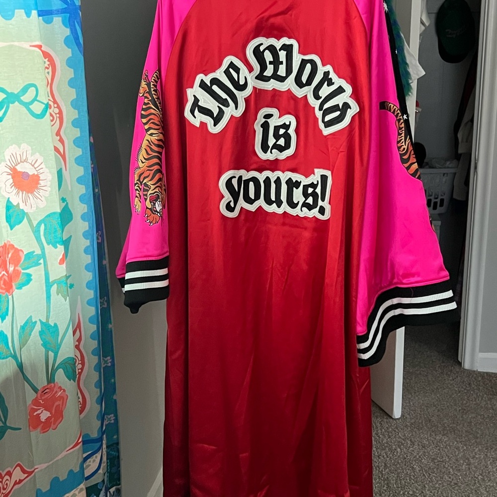 Dressed in LALA Two-Tone Red and Hot Pink Varsity Satin Jacket - Picture 2 of 8